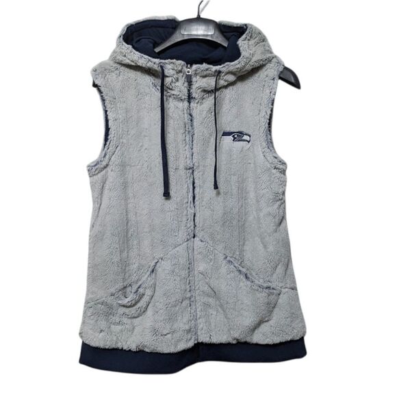 Antigua SEAHAWKS Faux Fur Hooded Zip Vest M - Picture 1 of 7